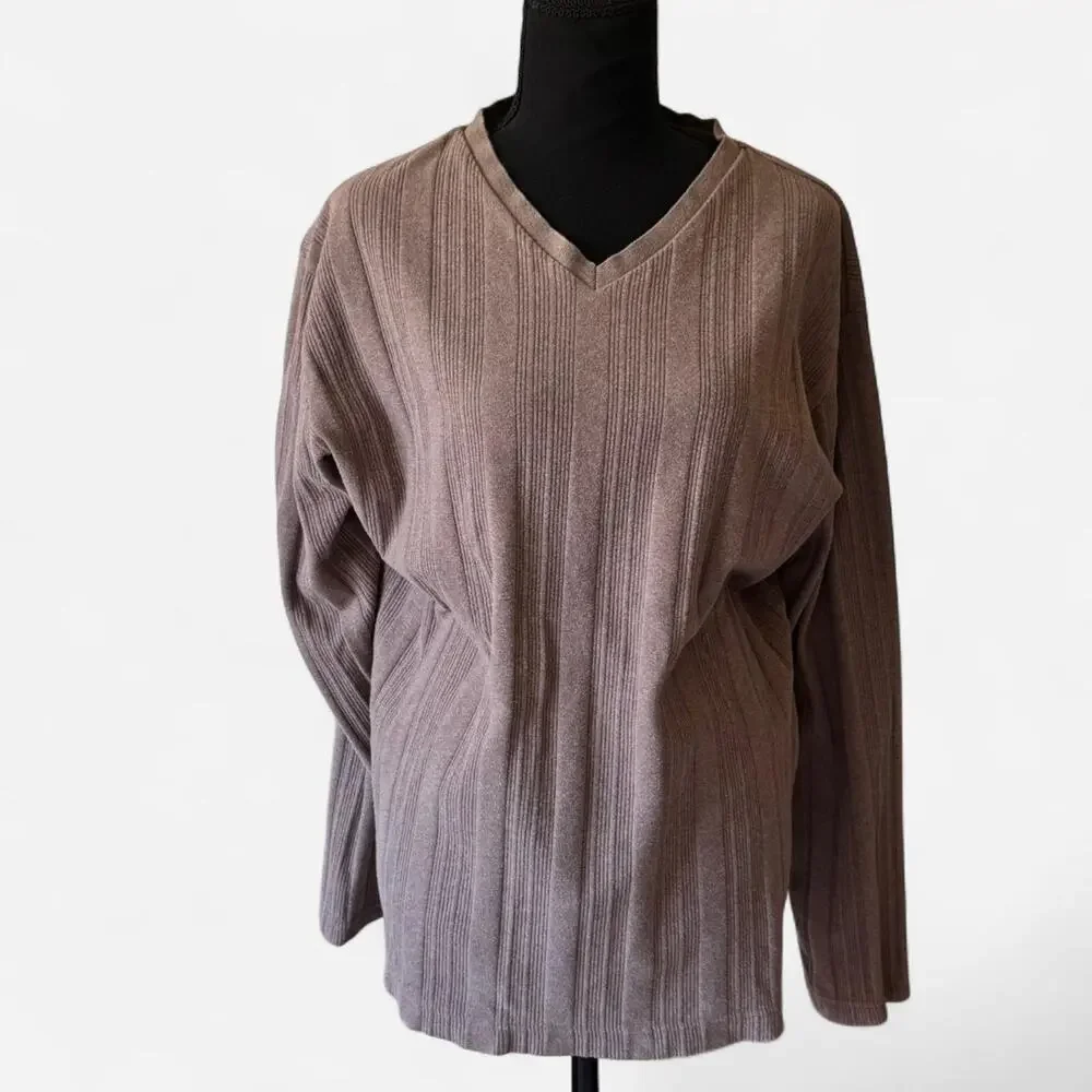 Alfani Vintage y2k 90s brown v neck sweater size L ribbed long sleeve minimalist - Picture 5 of 8